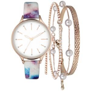 INC International Concepts Tie-Dye Faux-Leather Strap Watch 36mm & 3PC Bracelets